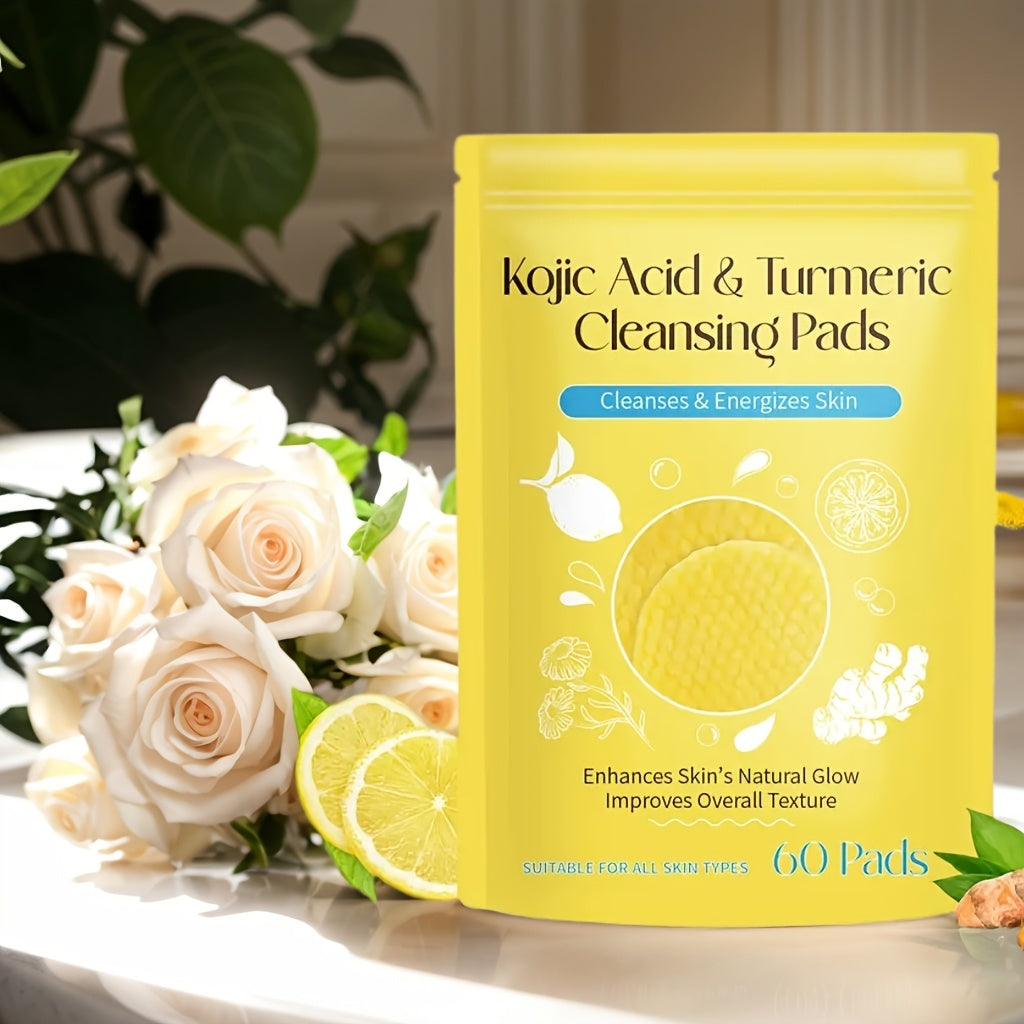 Kojic Acid & Turmeric Cleansing Pads: 60 Pads with Double-Sided Texture for All Light Beige Types - Gentle, Non-Irritating, And Infused with Curcumin, Chamomile, And Turmeric for A Natural Glow, Valentine's Day Gifts